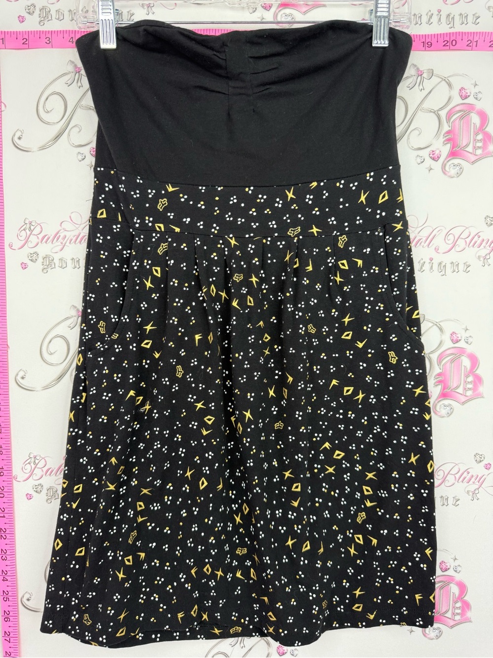 Fox dress Black Strapless Skirted Jumpsuit with Yellow & White Print RARE